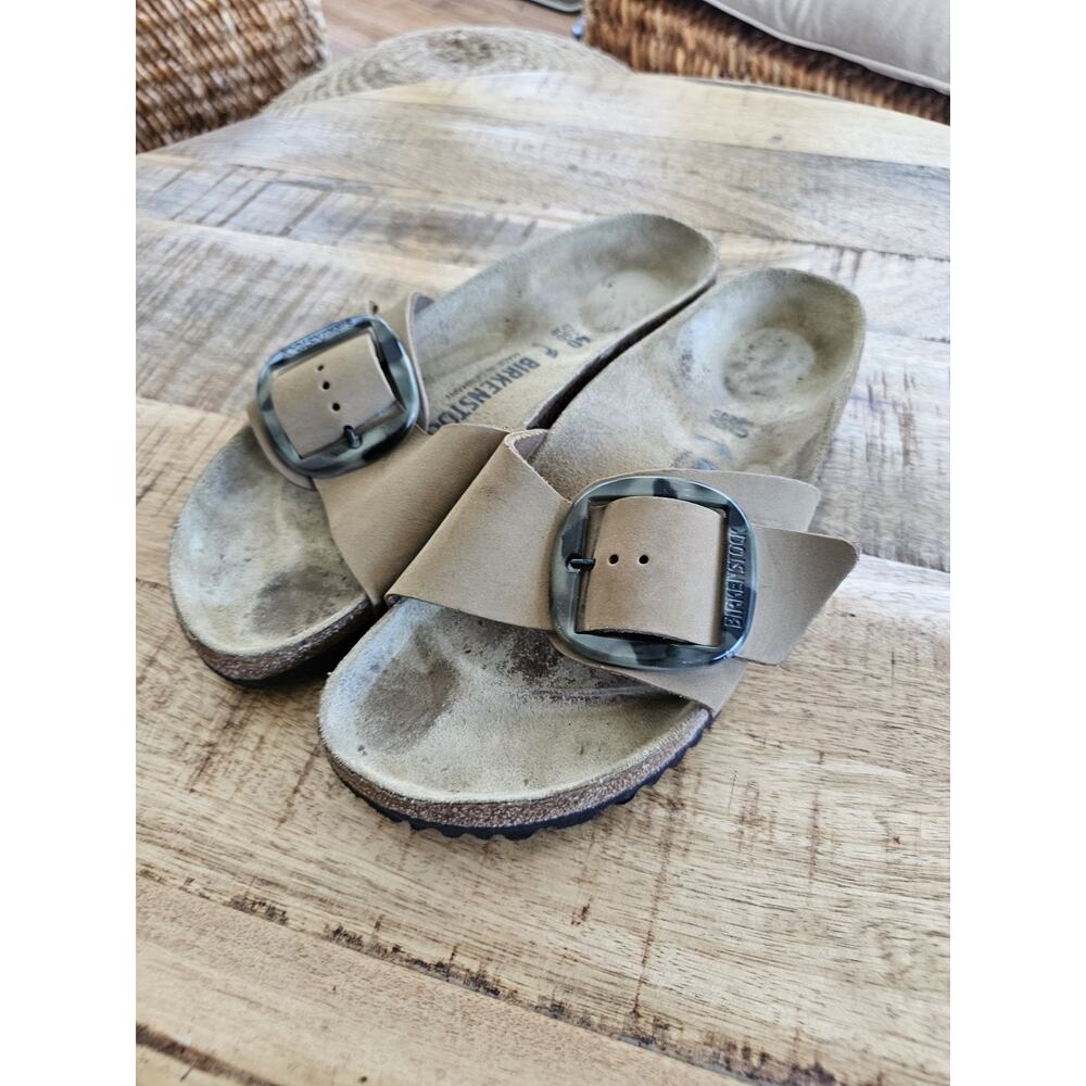 Birkenstock Madrid Tan Sandals with tortoise shell colored Buckles